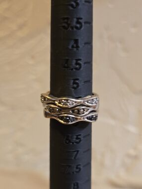 Vintage Silver Marquise Stackable 3 Ring Set with Black and White Stones